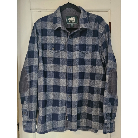 ROOTS Men's Park Plaid Shirt Blue Grey Flannel Large - Picture 3 of 14